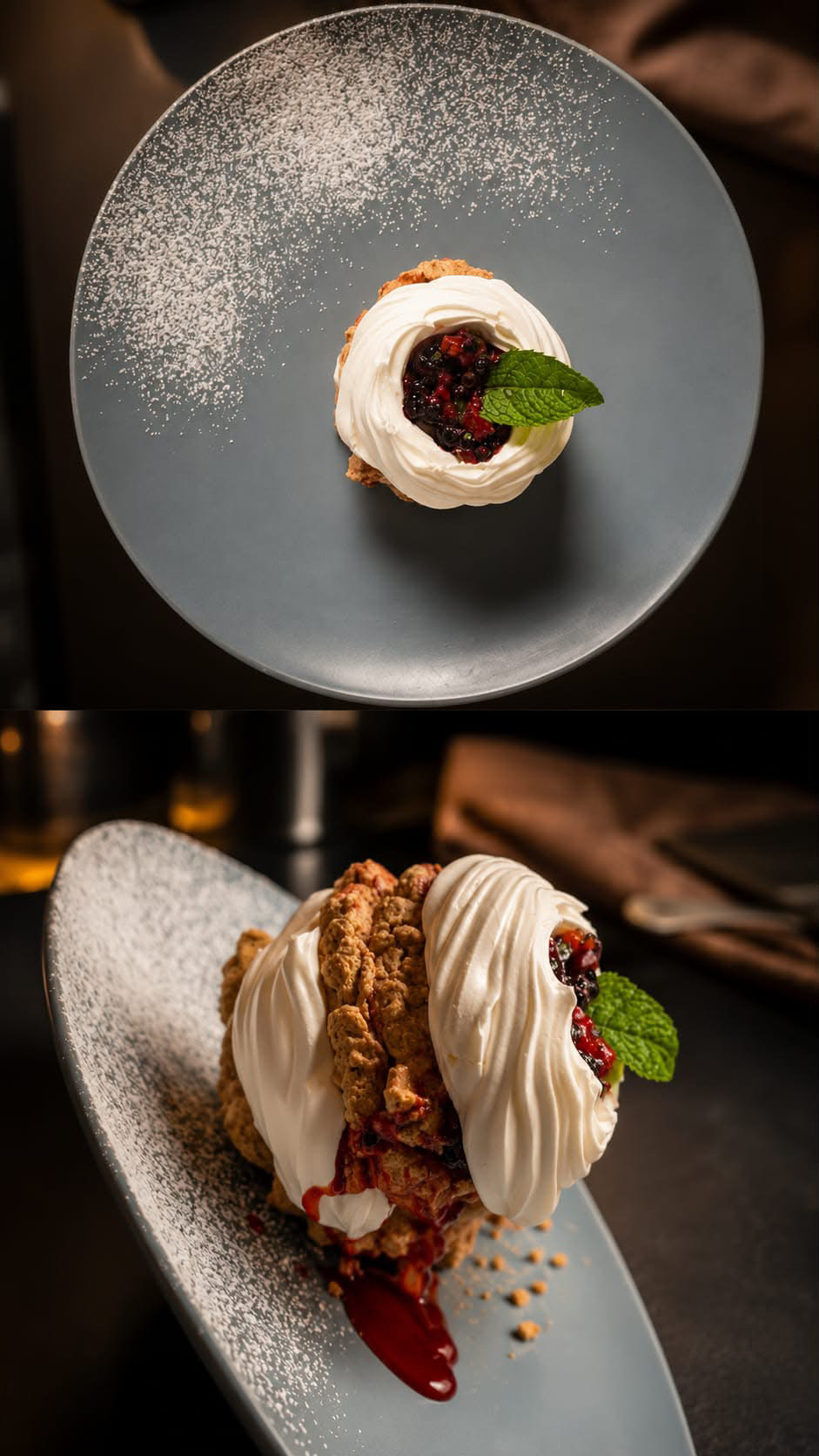 Dessert meringue aux fruits rouges présenté sous deux angles